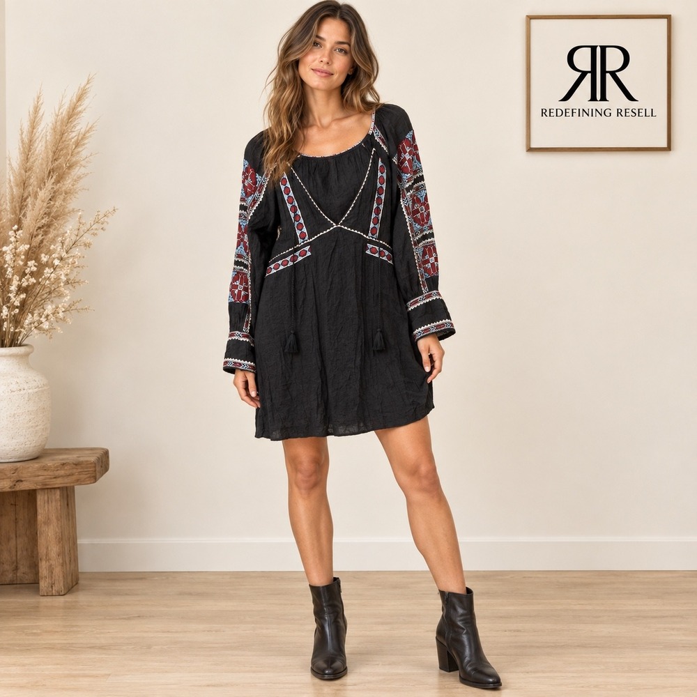 Free People Black Embroidered Mini Dress V-Neck Tassel Boho Gauze Womens Medium